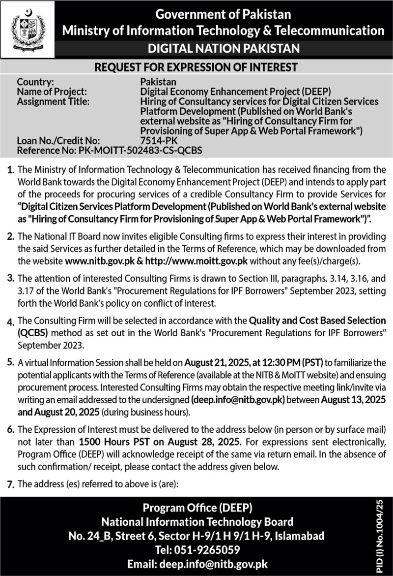Ministry of Information Technology & Telecommunication Islamabad Tender Notice